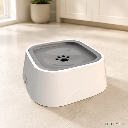 Cream and grey no-spill dog water bowl with floating disc