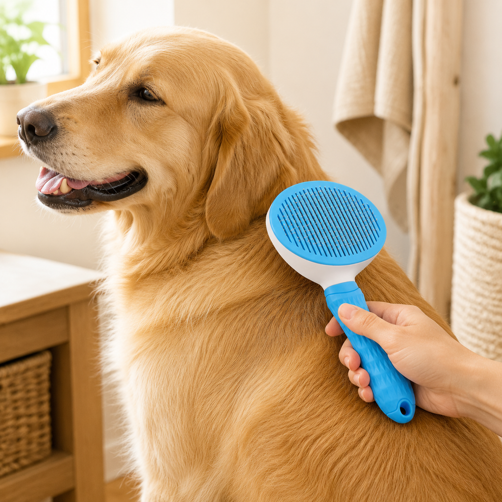 Blue self-cleaning slicker brush grooming a golden retriever