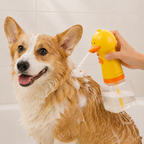 Fetchmere duck foam sprayer used while bathing a dog