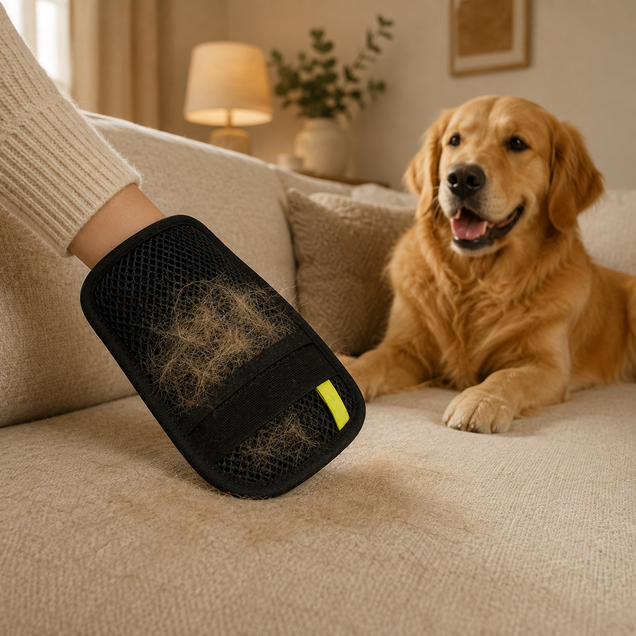 Black Fetchmere pet hair glove removing dog hair from a sofa