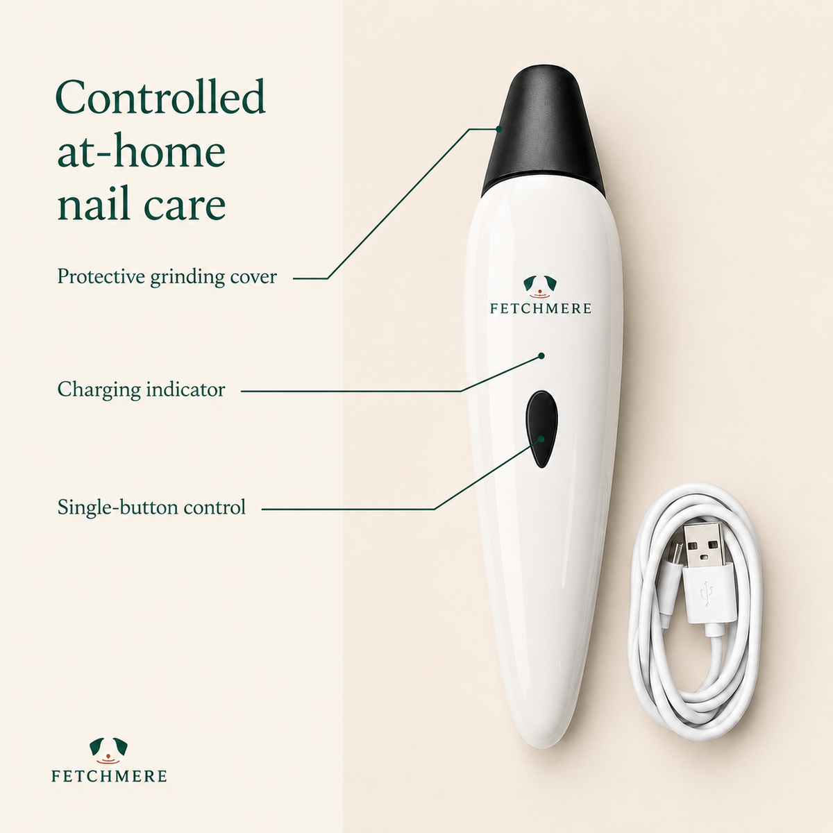 Fetchmere rechargeable dog nail grinder visible feature breakdown