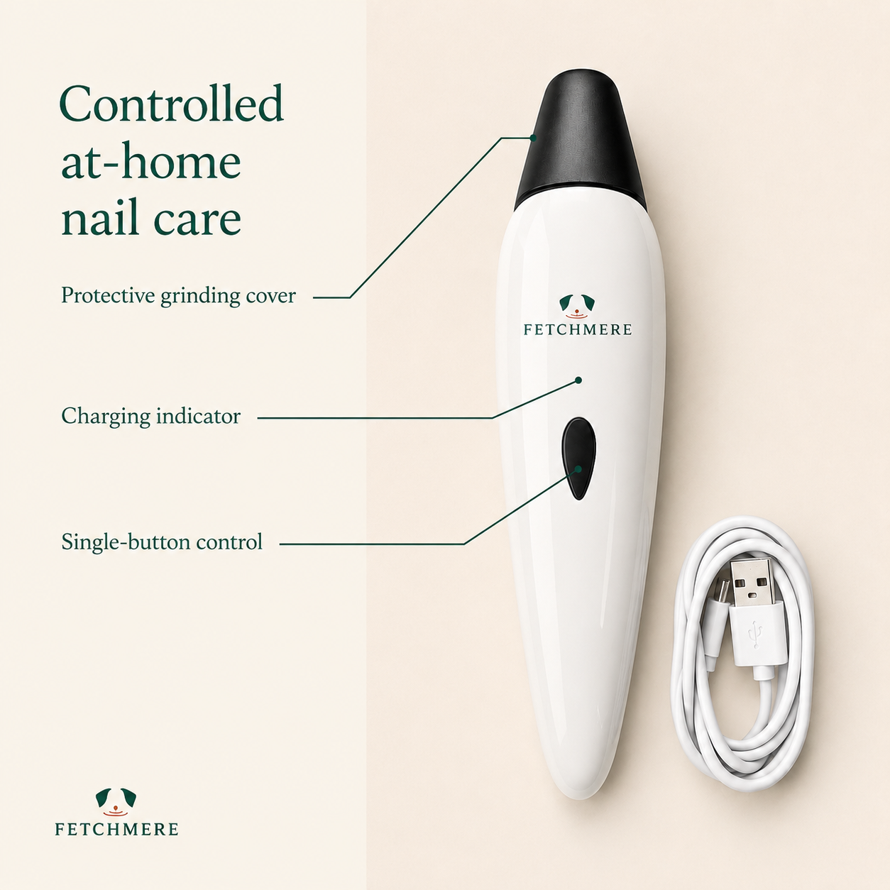 Fetchmere rechargeable dog nail grinder visible feature breakdown