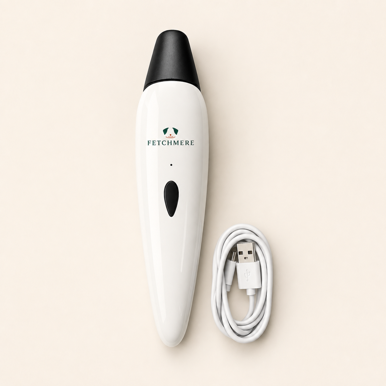 White and black Fetchmere rechargeable dog nail grinder with USB cable