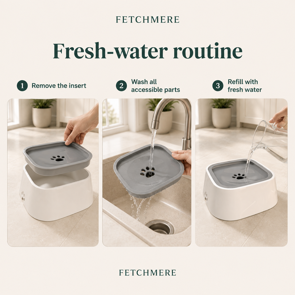Fetchmere no spill dog water bowl cleaning routine