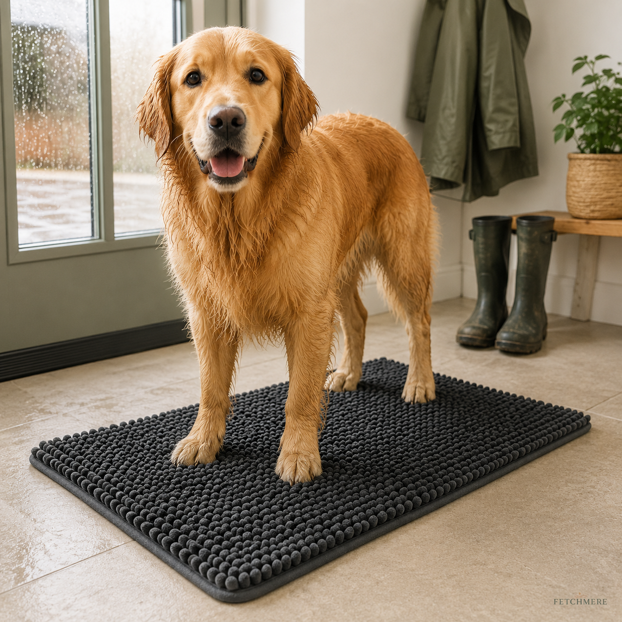 Wet golden retriever standing on a charcoal paw-drying floor mat