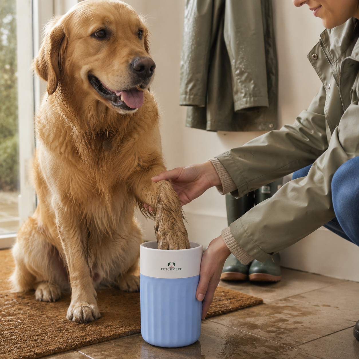 Dog using the Fetchmere sky blue paw cleaner after a muddy walk