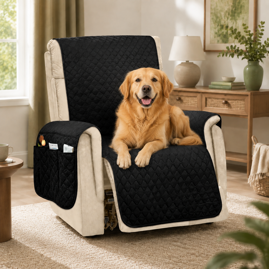 Golden retriever on a black quilted dog furniture protector